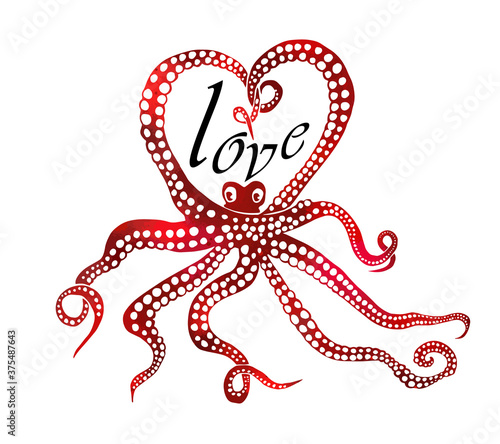 Octopus multicolored. Octopus graphic. Love. Happy Valentine's Day. The octopus makes a heart out of its tentacles . Vector illustration