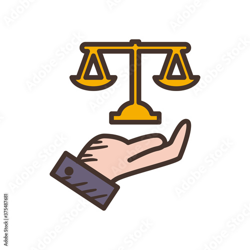 law scale over hand line and fill style icon vector design
