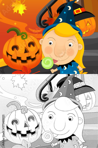 Cartoon halloween scene with sketch illustration