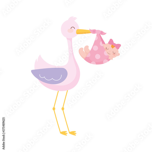 baby shower, stork with little girl in beak, celebration welcome newborn