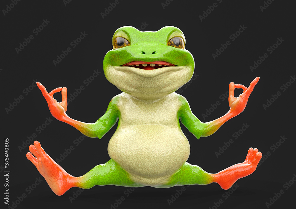 cute little frog is doing a relexed yoga pose isolated Stock