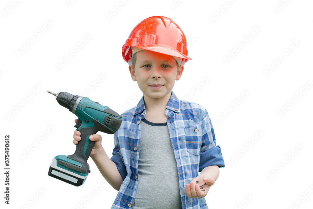 A cute preschooler is standing with a screw gun in his hand and holding a self-tapping screw in the other. Isolated child on a white background, horizontal photo.