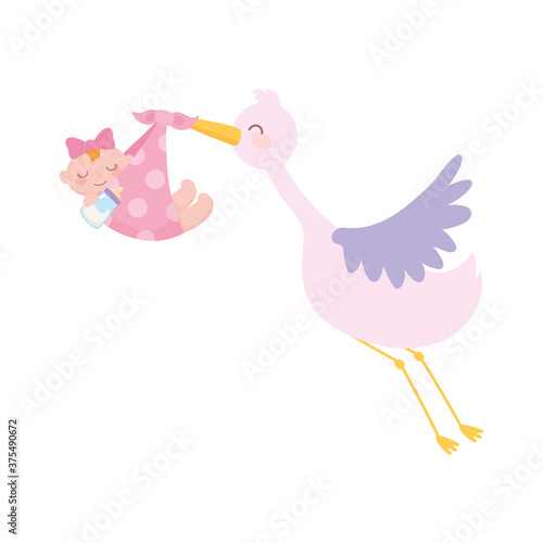 baby shower, stork carrying baby girl in blanket, celebration welcome newborn