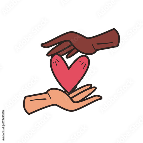 heart between black and white hands line and fill style icon vector design