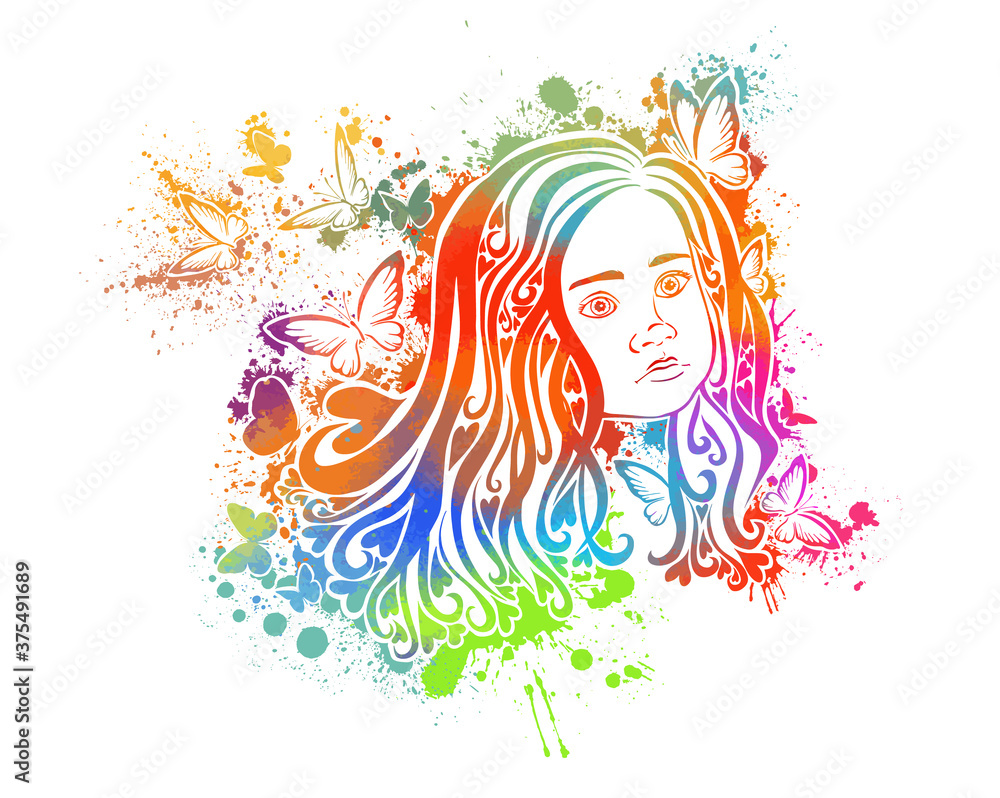 The face of a beautiful little girl with butterflies. Vector illustration