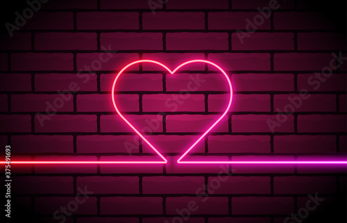 Heart shape neon light of one line. Bright light heart. Happy Valentines Day. Vector banner.