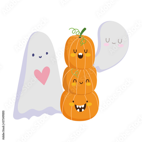 happy halloween, ghosts and stack of pumpkins trick or treat party celebration
