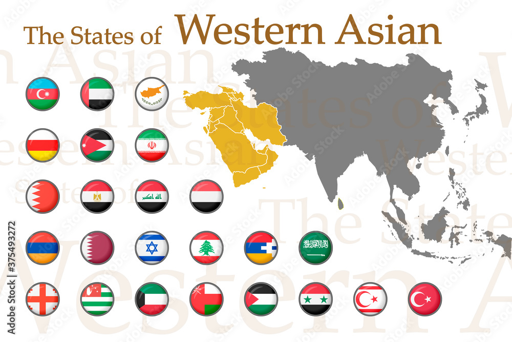 Fototapeta premium A set of icons for flags of Western Asian countries. Vector image of flags and maps of Asia on a white background. You can use it to create a website, print brochures, booklets, leaflets,travel guides