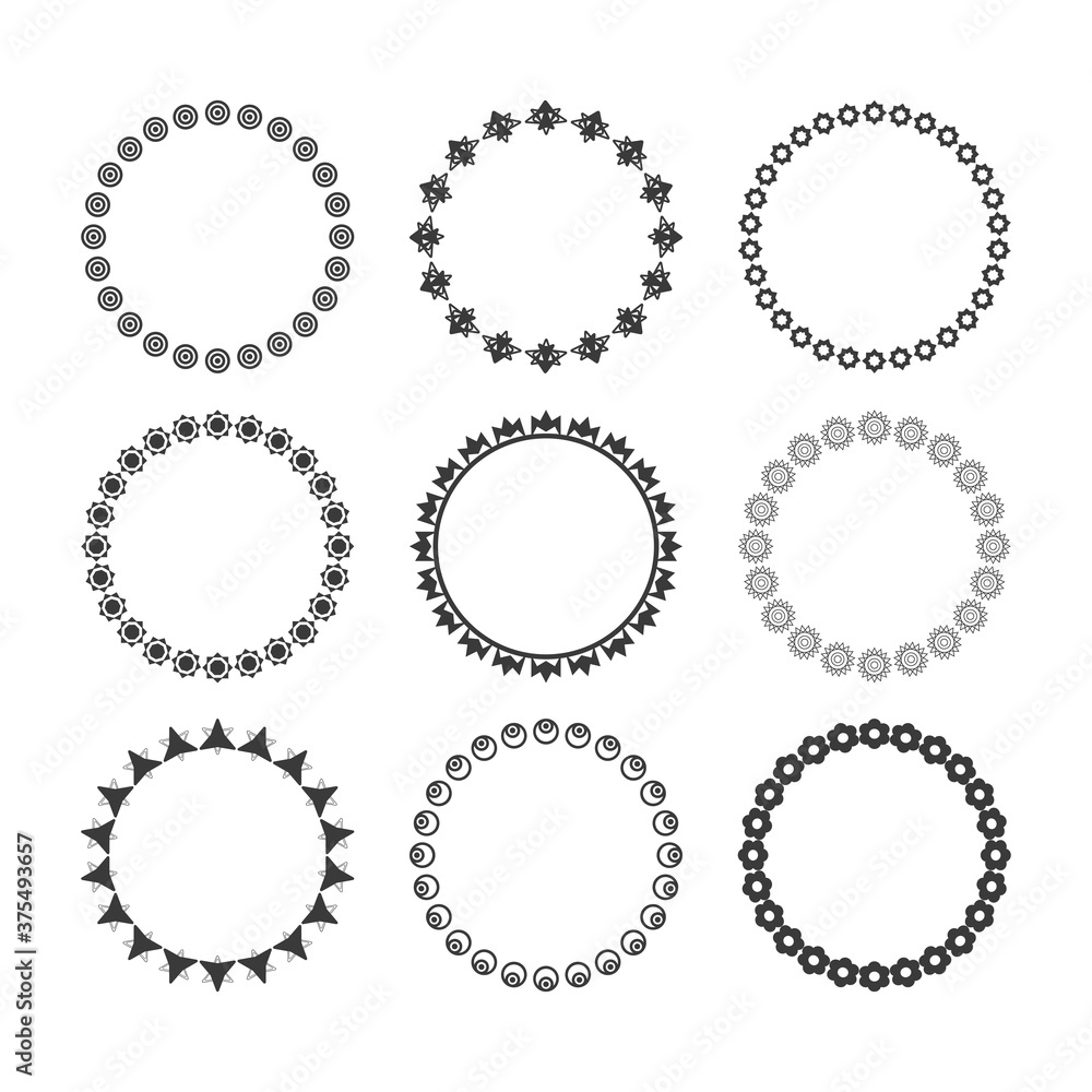 Black isolated circle and round floral and geometrical mandala emblems and borders design elements set on white background