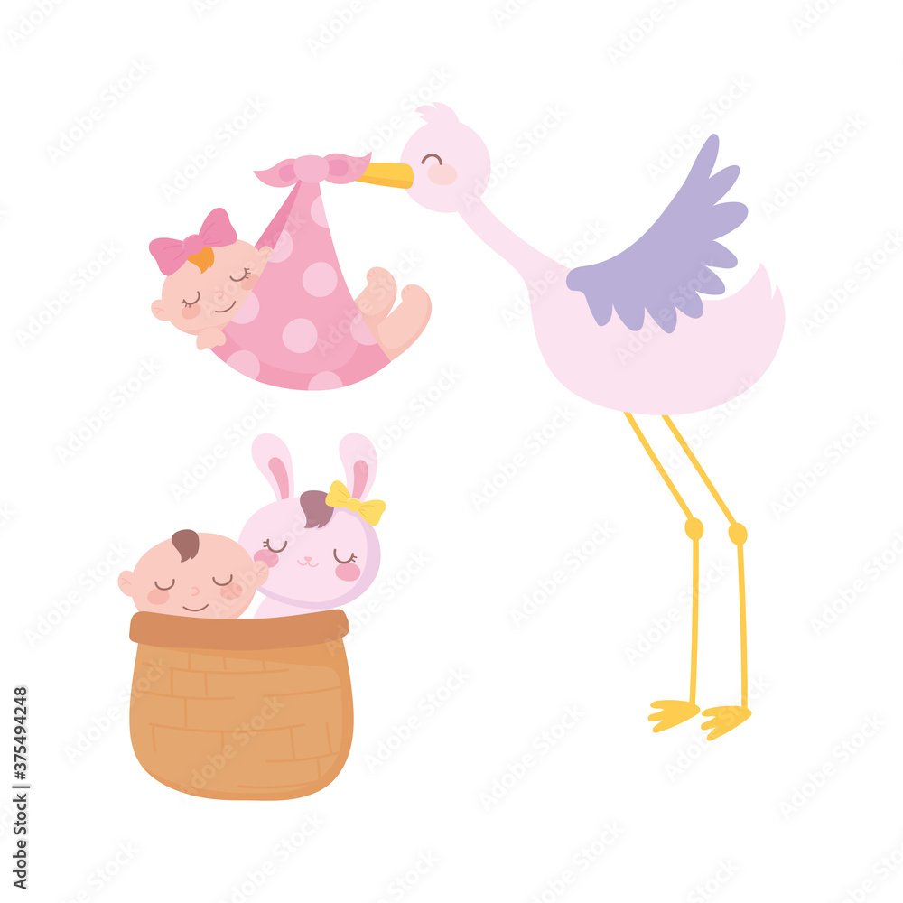 baby shower, stork with baby girl and little boy and rabbit in basket, celebration welcome newborn baby shower, stork with baby girl and little boy and rabbit in basket, celebration welcome newborn