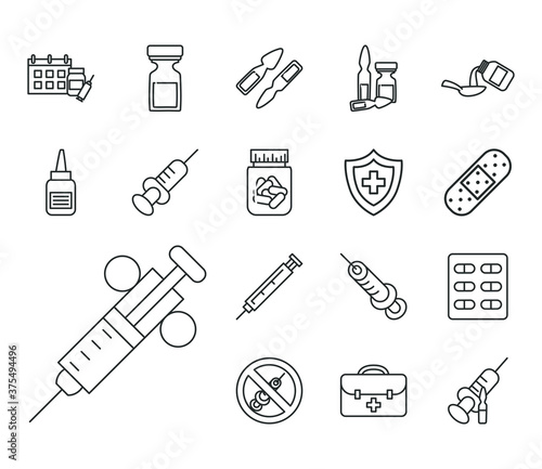 Vaccine research line style set icons vector design