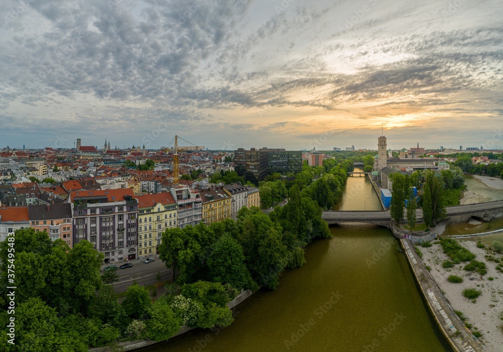 Helicopter top view to Munich Center with Isar Spot Helicopter top view to Munich Center with Isar Spot