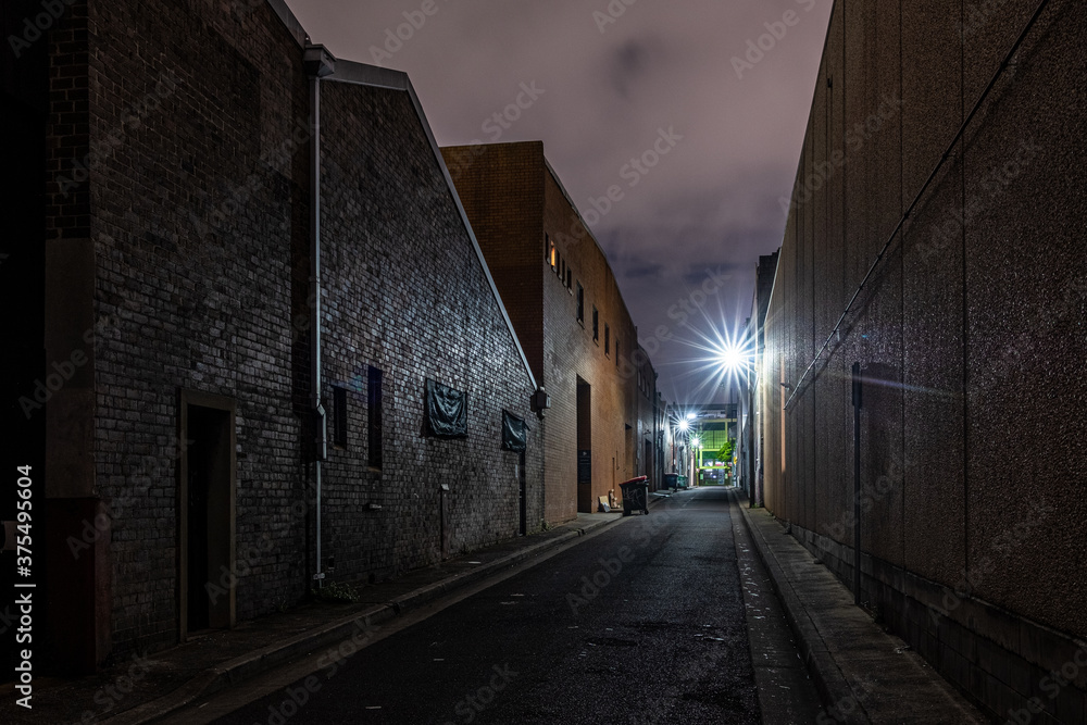 generic factory scene in small alley at night