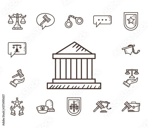 Law and justice line style set of icons vector design