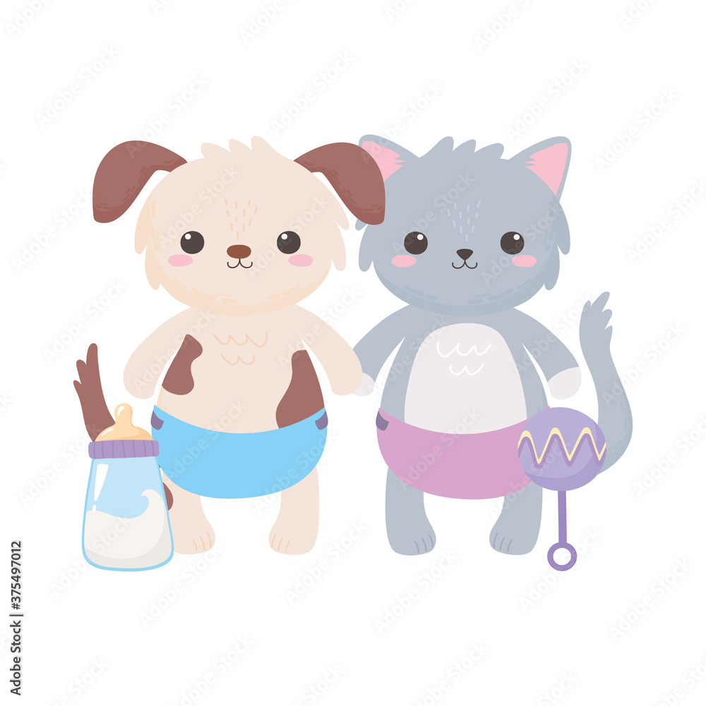 Obraz premium baby shower, cute dog and cat with diaper rattle and air balloon, celebration welcome newborn