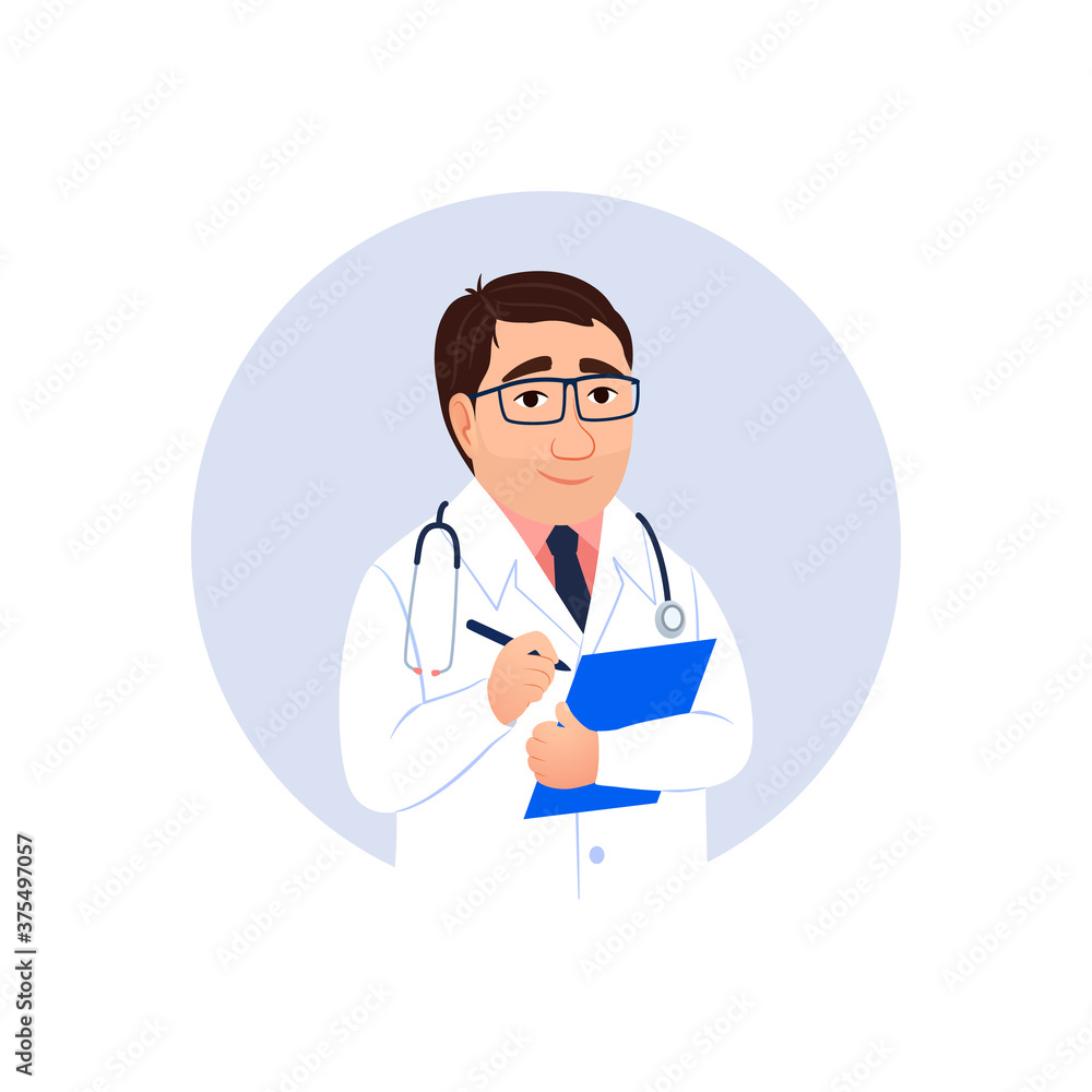Flat young Caucasian doctor portrait with clipboard circle avatar isolated on white background. Male physician check up with stethoscope and checklist. Cartoon medical character vector illustration. Flat young Caucasian doctor portrait with clipboard circle avatar isolated on white background. Male physician check up with stethoscope and checklist. Cartoon medical character vector illustration.
