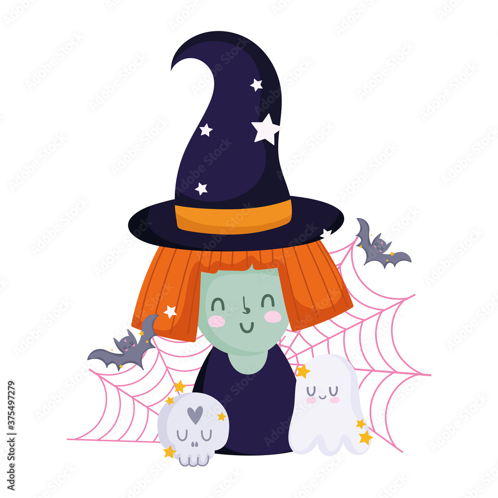 Fototapeta premium happy halloween, witch cartoon skull ghost bats and cobweb, trick or treat party celebration