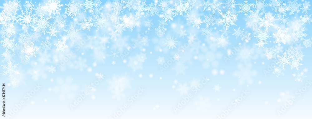 Christmas background of falling snowflakes in light blue colors - obrazy, fototapety, plakaty 