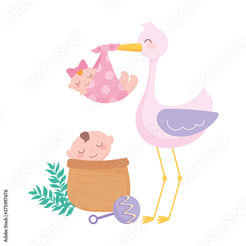baby shower, stork with girl and boy in basket cartoon, celebration welcome newborn
