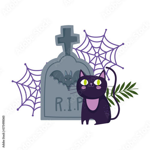 happy halloween, black cat cemetery tombstone cobweb trick or treat party celebration