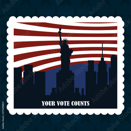 national city and flag american post stamp, politics voting and elections USA, make it count