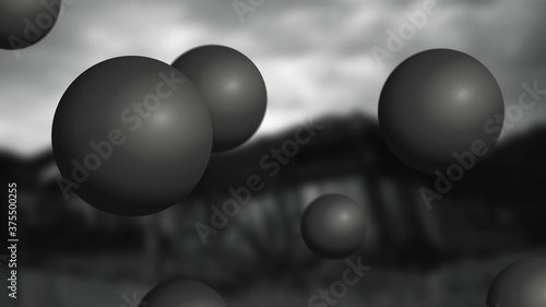 Dark spheres in the air. Black and white background. 3D rendering
