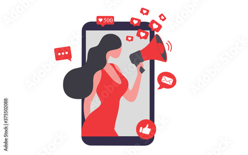 Beautiful woman shouting in loud speaker with social media icons. Influencer social media marketing concept and blogger vector illustration