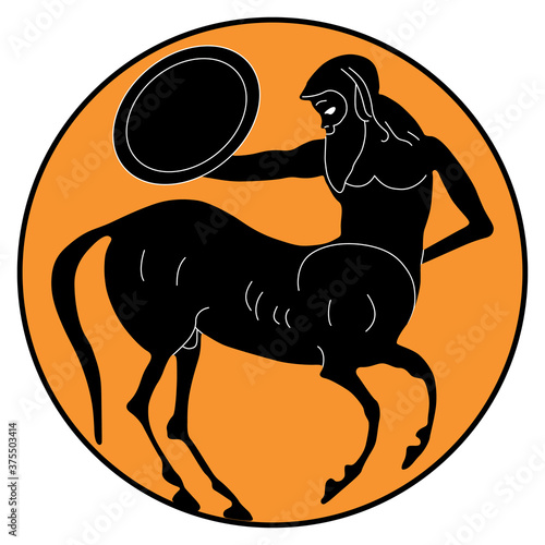 Silhouette of ancient Greek centaur holding shield in a circle. Vase painting style.