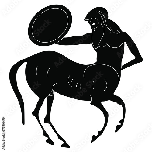 Ancient Greek centaur holding shield. Vase painting style. Half man half horse. Black and white silhouette.