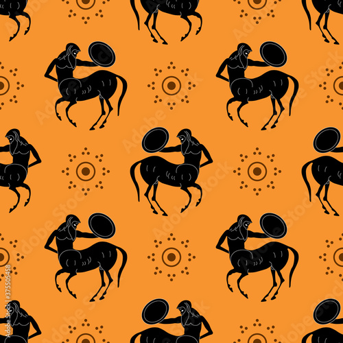 Seamless ethnic pattern with silhouettes of ancient Greek centaurs.