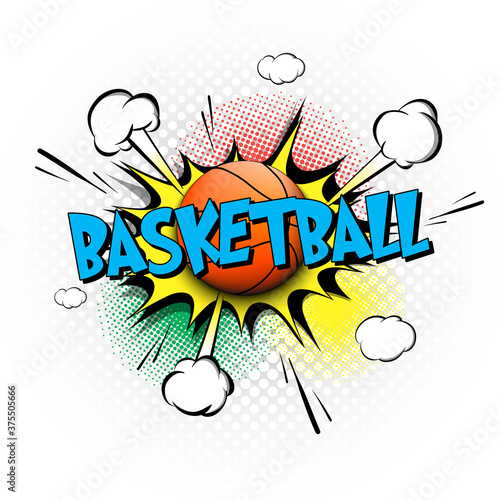 Comic bang with expression text Basketball. Comics book font sound phrase template with basketball ball. Pop art style banner message. Sports fan emotions. Vector illustration