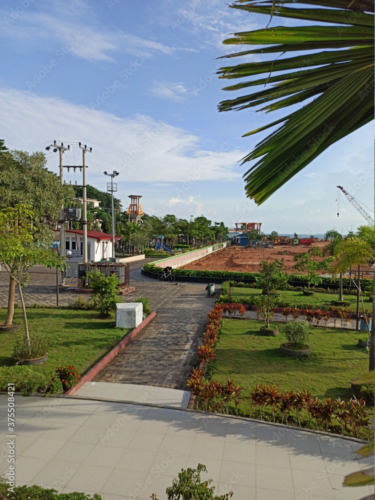 Obraz premium View of shady trees in a city park