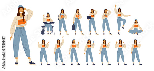 A set of different poses and gestures of a female student in modern clothes. Daily activity at school  at work  a girl in a store  with a phone  with a laptop. Flat cartoon vector illustration 