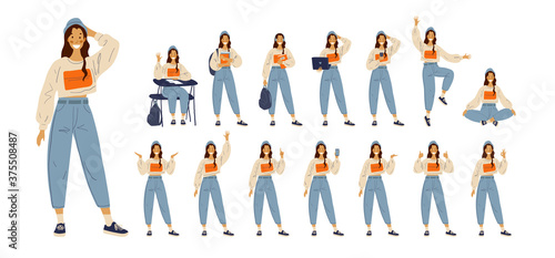 A set of different poses and gestures of a female student in modern clothes. Daily activity at school, at work, a girl in a store, with a phone, with a laptop. Flat cartoon vector illustration 