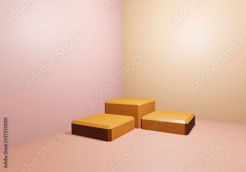 3d many display product, square yellow gold empty in empty room with light and shadow 3D rendering