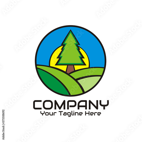 illustration vector graphic of an evergreen tree in the middle of the meadow, perfect for nature, forest, farm, garden, ecology, bio, etc.