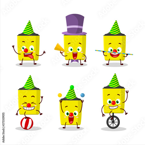 Cartoon character of yellow highlighter with various circus shows