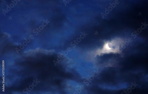 Awesome dark blue sky with a luminous moon crescent fine art photography