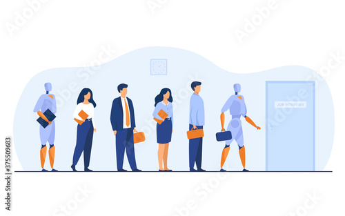 Robots and human candidates waiting in line for job interview. Businessmen and businesswomen competing with machines for hiring. Vector illustration for employment, business, recruitment concept