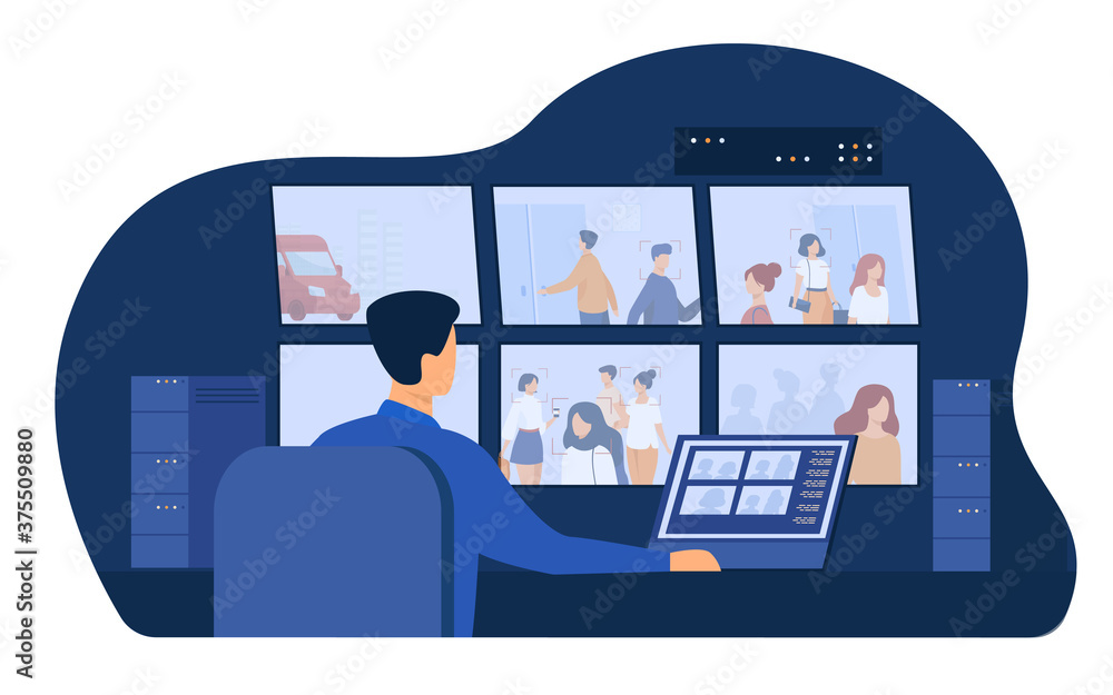 Guard service man sitting at control panel, watching surveillance