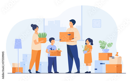 Family moving to new house. Happy cartoon man, woman, boy, girl carrying boxes in apartment. Vector illustration for new home, delivery service concept