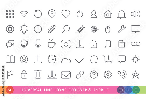 set from 50 flat linear icons for web and mobile