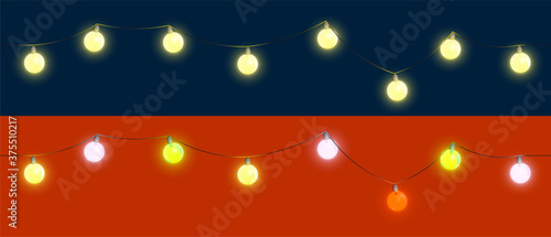 2021 Christmas tree decorations for New Year. Seamless repeating set of festive garlands with light bulbs. New Year mood  festive street lighting. Maintains effect on any dark background. Vector
