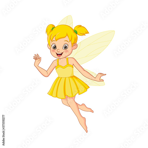 Cartoon cute little yellow fairy flying