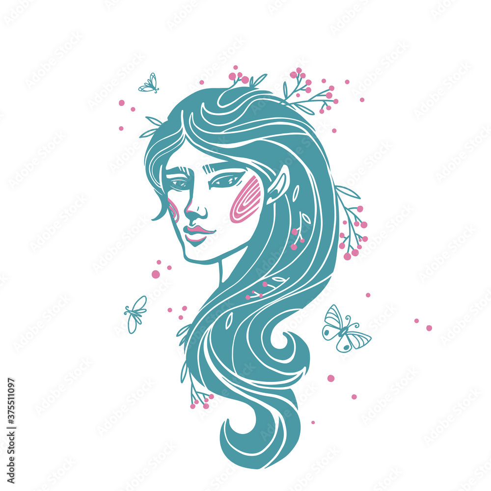 vector of a beautiful girl with a ruddy face, bunches of mountain ash and leaves, winter, winter fairy.