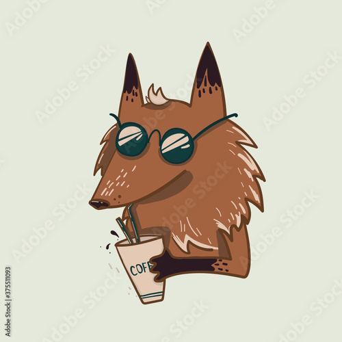 fox character drinks coffee, vector illustration