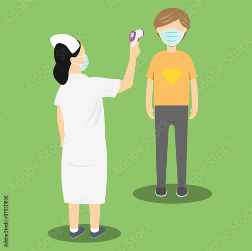 Nurse using an infrared thermometer measuring temperature of a man opposite her vector