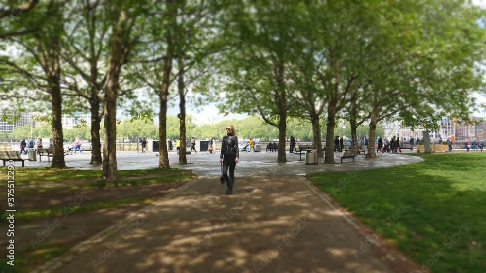 A tilt shift effect of a sidewalk with people.
A tilt shift effect of a sidewalk with people.