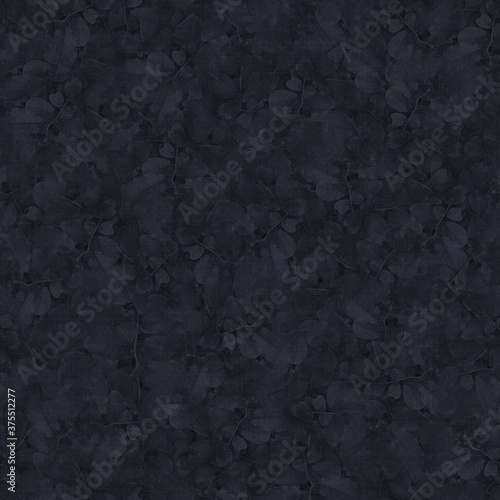 Dark moody almost black leaf seamless pattern. High quality illustration. Deep mysterious distant and faded leaf foliage design. Luxurious shadow surface pattern design for interiors or backgrounds.