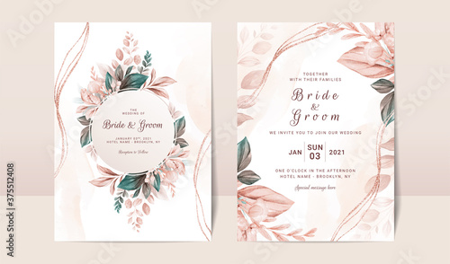 Floral wedding invitation template set with elegant brown leaves decoration. Botanic card design concept photo